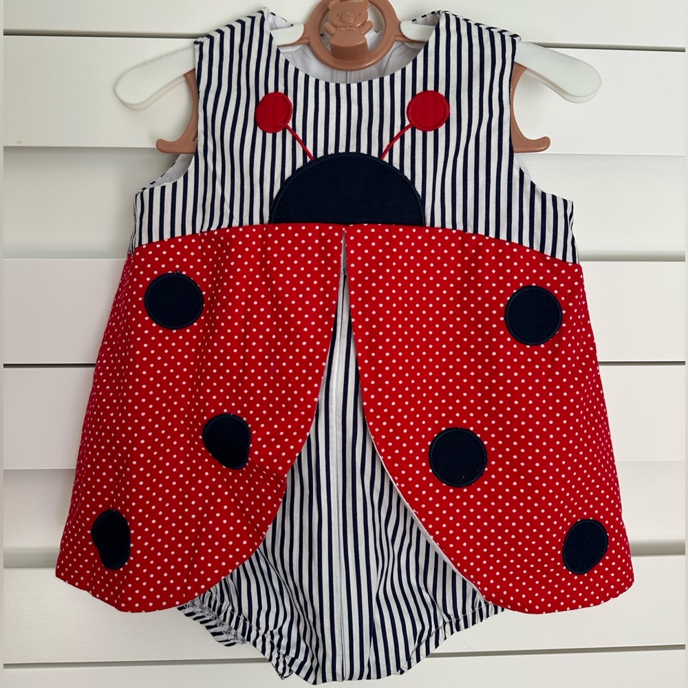 Florence Eiseman Dots Stripes Ladybug Romper Size 12M